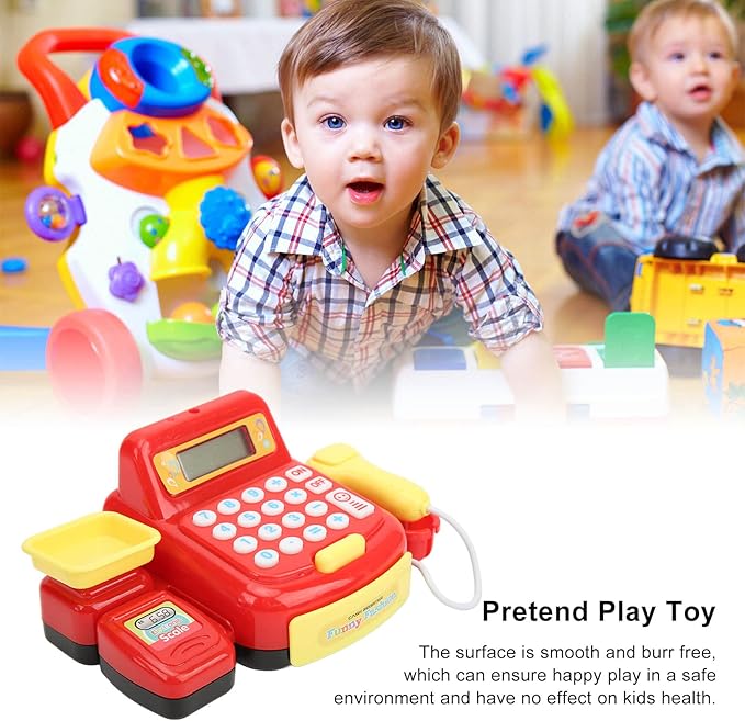 Children Mini Cash Register Toy Cashier Role Play Supermarket Shopping Checkout Money Till Toy Educational Learning Pretend Playset for Kids Girls Boys