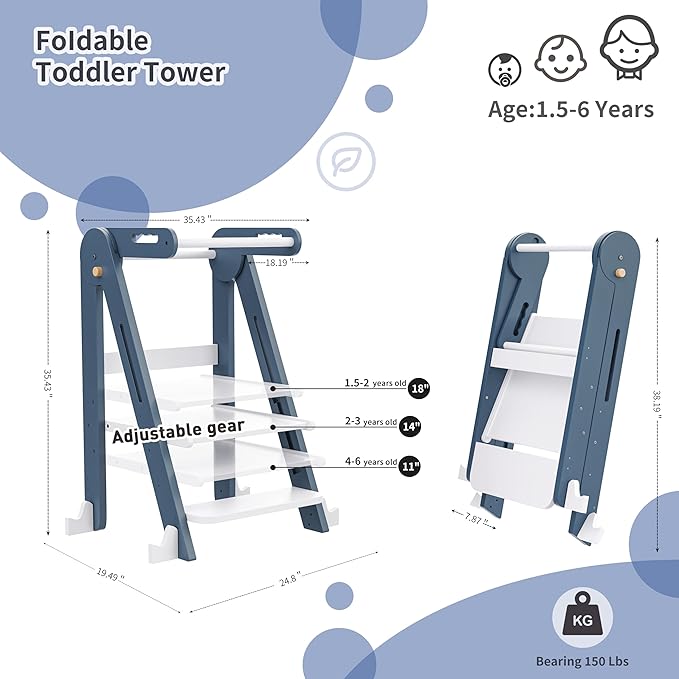 Kids Kitchen Step Stool, Foldable Toddler Tower, Height Adjustable Toddler Standing Tower with Safty Rail and Anti-Slip Device, Wooden Stool for 1.5-6 Years(Sky Blue-White)