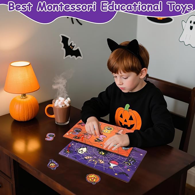 2Pcs Halloween Wooden Peg Puzzles Toys Magnetic Wooden Fishing Game for Toddlers Educational Puzzle for Years Old 3-5 Boy Girl Kid Halloween Basket Stuffers Fillers Gifts