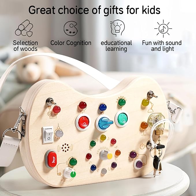 Wooden Autistic Sensory Toy, Shoulder Bag Style LED Switch Board for Toddlers, Suitable for Children 3-6 Years Old to Develop fine Motor Skills