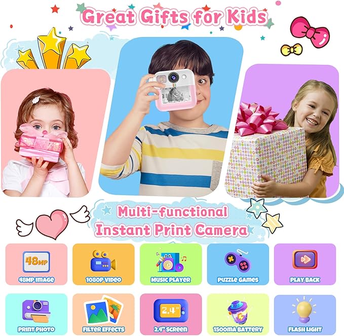Kids Camera for Girls, 1080P Instant Print Camera, Kids Christmas Birthday Gifts Girls Toys, Children Digital Camera with 32GB Card, Toddler Camera Portable Toys for 3 4 5 6 7 8 9 Year Old Girl Pink