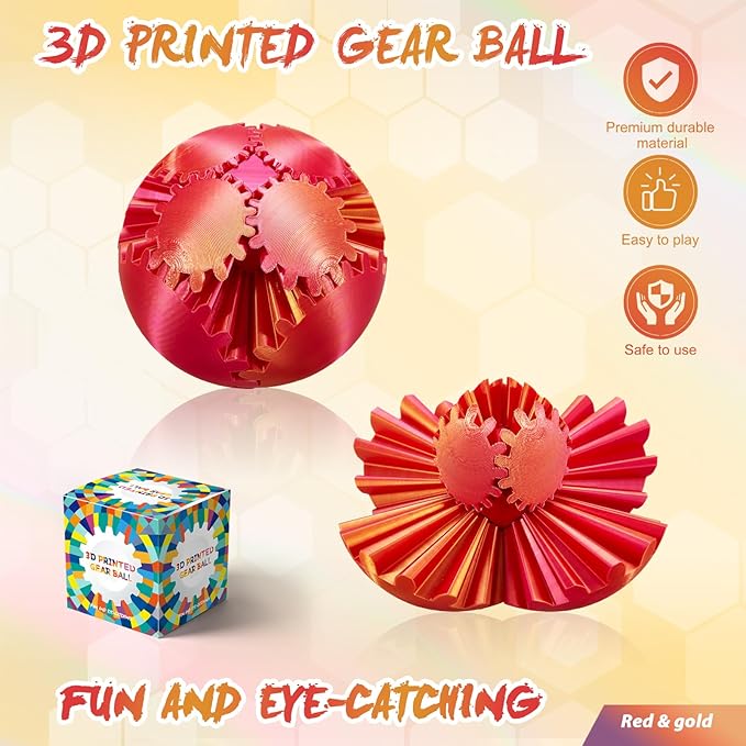 Gear Ball-3D Printed Gear Sphere,3D Printed Spin Ball Cube Fidget Toy,The Steampunk Whirling Wonder Fidget Ball Toy(Red Gold)