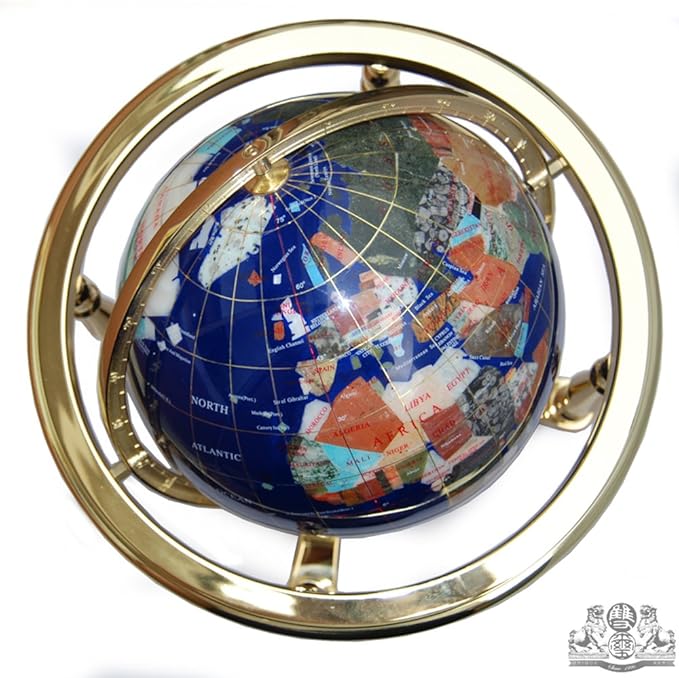 Unique Art Since 1996 13-Inch by 9-Inch Blue Lapis Ocean Table Top Gemstone World Globe with Gold Tripod, 220-GB-BLUE-GOLD