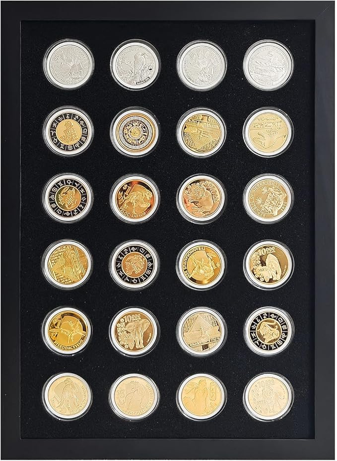 Challenge Coin Display Shadow Box,Military Coin Holder,Challenge Coin Holder Display,Casino Chip Display Case Cabinet Holder, Wood Frame, Tempered Glass Panel,with 24 Coin Capsules,Black Finish.