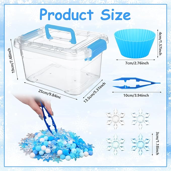 700PCS Winter Sensory Bin Items Christmas Sensory Bin Filler 240 Pompoms 450 Resin Snowflake 6 Cups 6 Tweezers 1 Storage Box for Winter Xmas Sorting Counting Training Preschool Education Activities