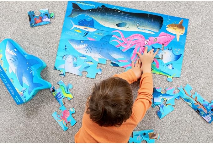 Crocodile Creek 36-Piece Jigsaw Floor Puzzle - Fun Floor Puzzles for Kids Ages 3-5 - Heavy-Duty Shaped Box for Storage - Shark Reef - 24" W x 18" H Finished