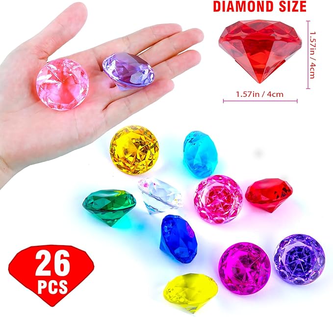 Niceup 26PCS Red Fake Diamonds Big Gem Toys, 1.5in Pool Diving Gems Acrylic Plastic Gemstones for Kids, Party Décor Jewels Treasure Hunt Hiding Sensory Bin Filler Toys Craft Supplies