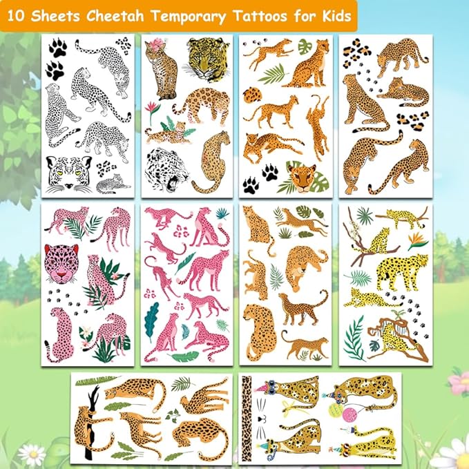Cheetah Tattoos for Kids, 10 Sheets Cheetah Jungle Animal Theme Temporary Tattoos for Boys Cheetah Birthday Party Supplies Gifts Decoration