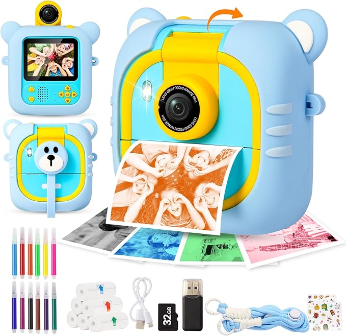 Kids Camera Instant Print, 7 Print Paper (4 Color: O/R/G/B+3 B&W), 2.4" Screen Instant Camera for Kids Ages 3-12,1080P, 180°Flip Lens,32GB Card- Christmas Birthday Present for Boys & Girls,M2