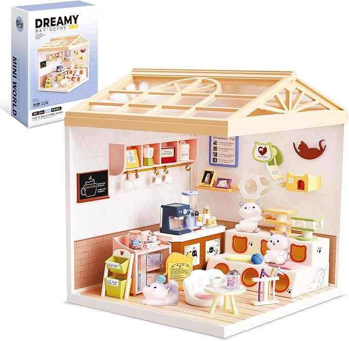 DIY Miniature House Kit Plastic House Building Toy Set with Roof & 2 Doors, Mini Dollhouse Kit with LED for Mini Figures Construction Toys Diorama Kit Gifts for Teens Adults (Happy Cat Pet)