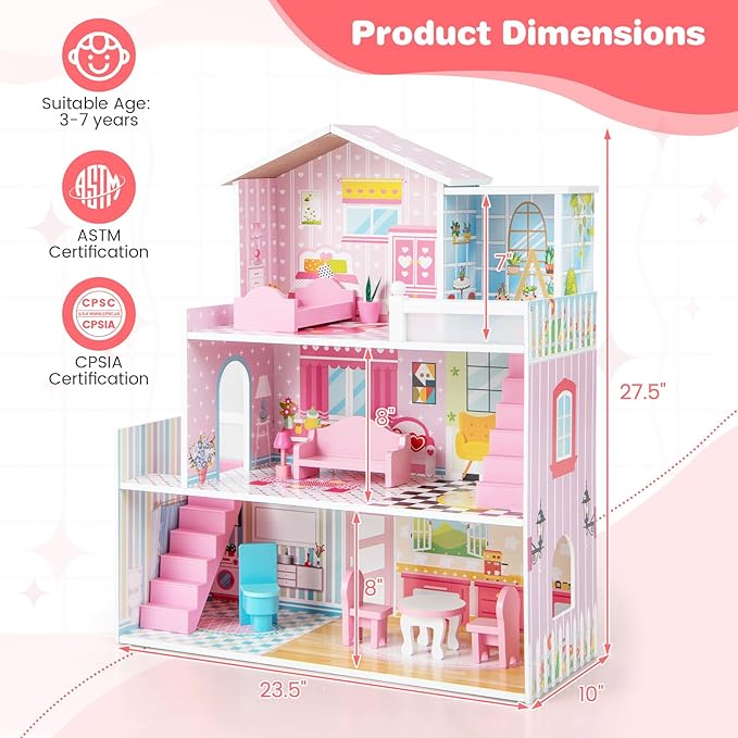 Costzon Wooden Dollhouse for Kids, 3-Story Semi-Open Doll House with 5 Rooms & 10 Pieces Furniture Set, Ladders & Balcony, Preschool DIY Pretend Play Dollhouse Toy, Gift for Girls & Boys Ages 3+