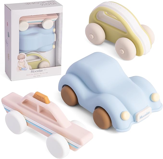 Moonkie Food Grade Silicone Toy Cars for Toddlers 1-3, Push and Go Baby Car Toys 6-12 Months+, One-Piece Design Infant Toys, Birthday Gifts for 1 Year Old Boy Girl, Easy to Clean & Grasp, 3 Pack