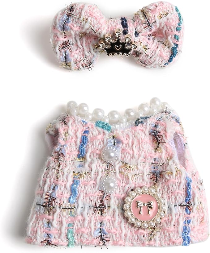 17cm Doll Clothes for Labubu - Luxury Chic Style Set for 17cm Dolls Outfit - Accessories for Dolls Clothes -Pink Plaid Tweed Dress + Pink Bow (No Doll)