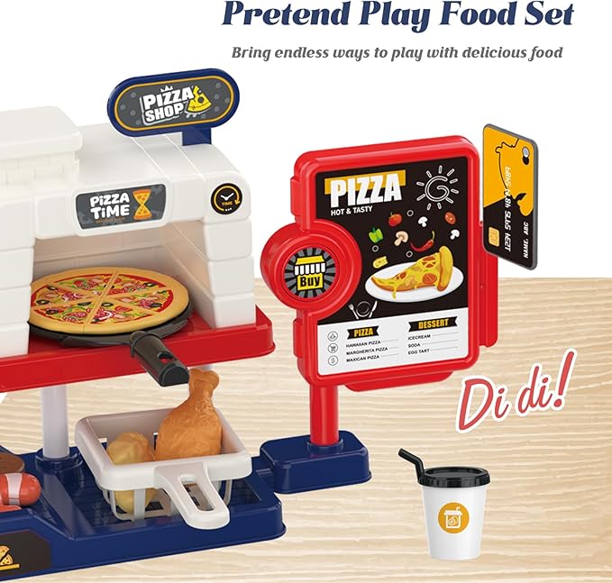 Kids Pizza Oven Play Set: Ice Cream Maker, Card Reader, Cash Register, Play Food (Pizza, Chicken Nuggets, Fries) Play Money - Educational Toy Kitchen Ages 3+