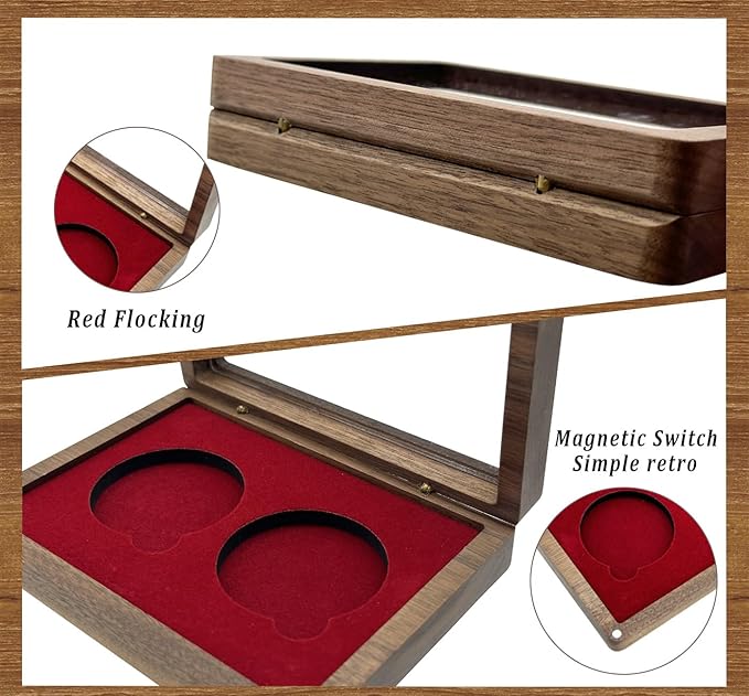 Challenge Coin Display Case Single Coin Display Box Two 1.81" Coin Holder Walnut Wood Coin Box Silver Dollar Coins Storage Box, Coins for Collectors with DIY Adjustable Gasket (Red 1.8")