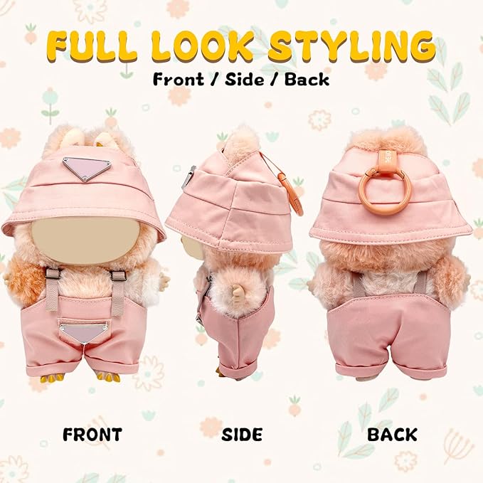 Clothes for 6.7in Plush Doll(NO Doll), Hat & Overalls Set with Triangular Badge, Handcrafted 2-Piece Clothes Set, Fashion Cute Outfit for Dolls Accessories(Pink)