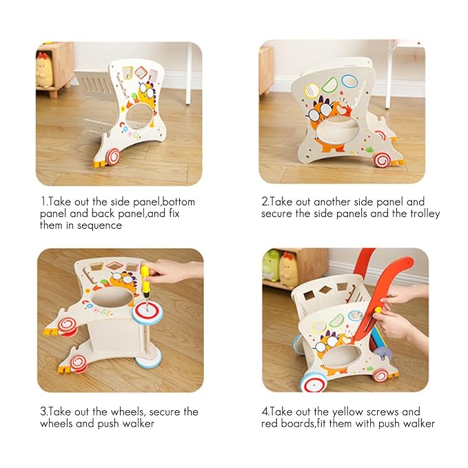 Wooden Baby Push and Pull Walker with Wheels for Boy&Girls,Multiple Activities Kid’s Toy,Shopping Cart Sit to Stand Walker for Toddlers