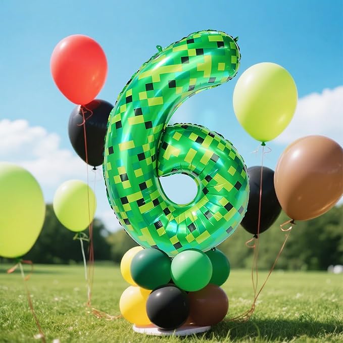 40in Pixel Giant Number 6 Balloon Birthday Decorations, Miner Theme Green Foil Balloons Blast Gaming Party Supplies
