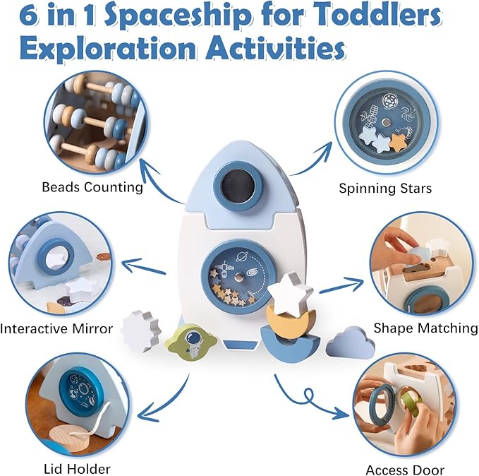 Wooden Space Toy for Baby, Montessori Toys for Babies, Toddler Rocket Toy, Sensory Activity Cube Learning Game, 1st Birthday Gift for Boys and Girls