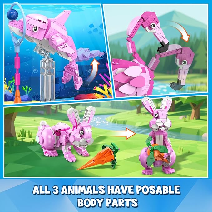HOGOKIDS 3 in 1 Pink Flamingo Building Set with Flowers, Animal Figure with 3 Building Options - Flamingo, Bunny, or Dolphin, 558PCS Creative Easter Birthday Gift, Learning Toy for Kid Girl Boy Age 6+