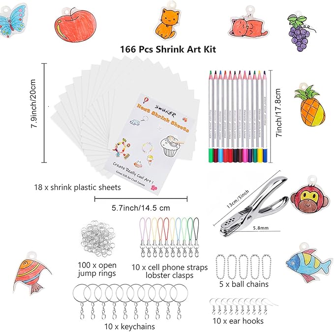 Shrink Art Kit - 166 Pcs with 10 Pcs Shrink Film Paper, 8 Pcs Patterned Shrinky Plastic Paper, Hole Punch, Keychains & Pencils for Crafts and DIY Keychains