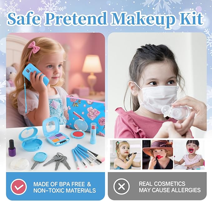 Pretend Makeup Kit for Kids 3-5, Blue Fake Makeup Set for Toddlers Girls, Play Makeup Gifts for Little Girls Age 3 4 5 6 7 Year Old, Make Up Toys Birthday (Blue)
