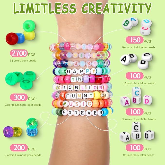 73 Colors 3700 Pcs Pony Beads for Bracelet Making Kit 64 Colors Pony Rainbow Letter Beads 9 Colours Glow in The Dark Beadwork Friendship Bracelet Jewelry Crafts with Elastic Cord