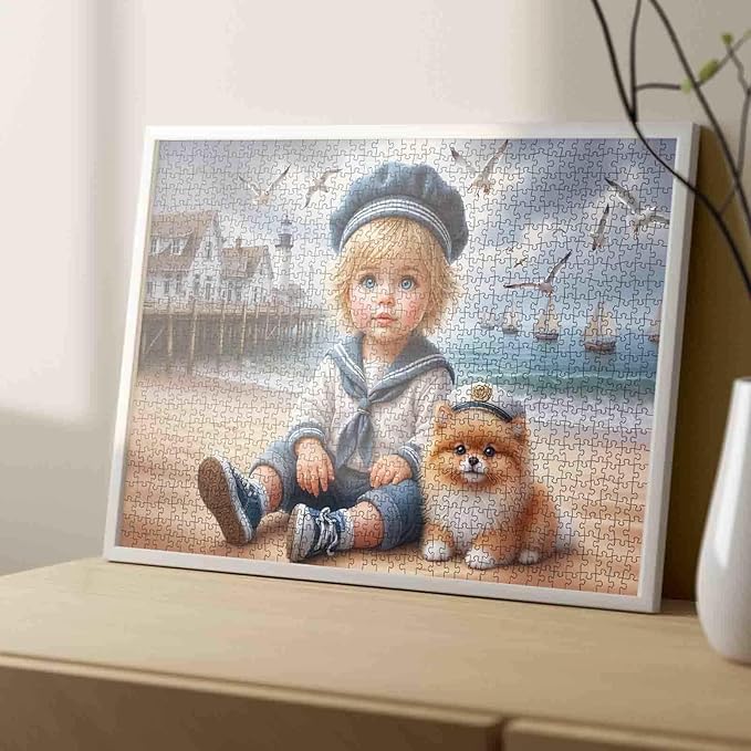 Tucocoo 1000 Piece Jigsaw Puzzle for Adults, Nautical Boy with Puppy on Beach – Sailor Outfit, Lighthouse, Sailboats, Whimsical Ocean Puzzle, Coastal Scene Jigsaw, Art Puzzles Gift, Family Game Night