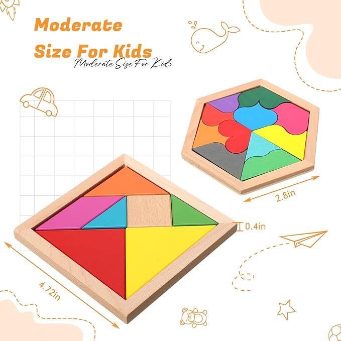 Jerify 8 Pack Wooden Tangrams Puzzles Wooden Hexagon Puzzles Blocks Geometric Tangram Jigsaw for Adults 3D Logic Intelligence IQ Game Gift
