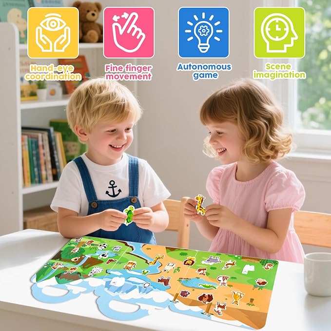 ASTARON 3 Set Reusable Sticker Book for Kids, 3D Stickers Portable Travel Toys and Educational Sensory Learning Toy Toddler Toys 3 4