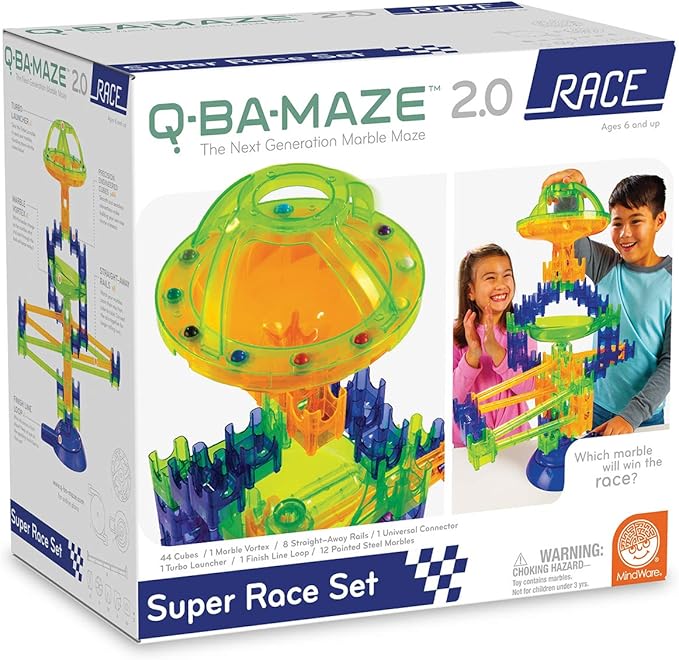 MindWare Q-Ba-Maze Rally Racing - Kit Includes Includes 44 Cubes, 1 Marble Vortex, 8 Straight-Away Rails, Turbo Launcher, Marbles and More - Ages 6 and Up
