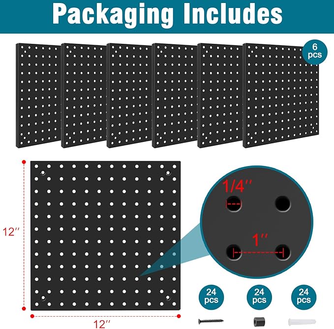 Peg Board,Steel Organization Panels, Ideal for Garage Tool Storage, Office Organization, Craft Room, Kitchen,Pack of 6(Black, 6-12X12)