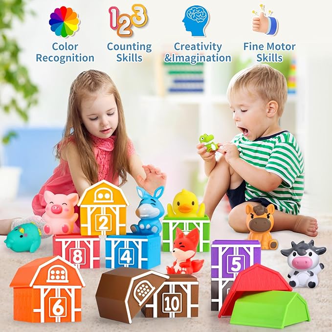 Oriate Farm Animal Learning Toys for Toddlers 1,2,3 Year Old, 20Pcs Farm Animals Montessori Toy for Counting Sorting Color Recognition & Matching, Finger Puppets & Stacking Toys 12M+