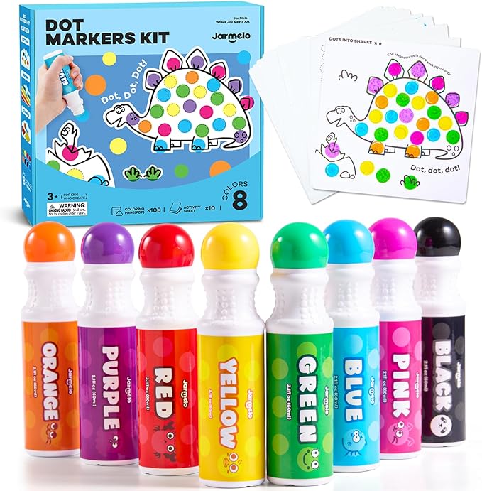 Jar Melo Washable Dot Markers for Toddlers, 8 Colors Dot Paints with 120 PDF & 10 Physical Activity Papers, Non-Toxic Bingo Daubers for Toddlers 2-4, Kids Arts and Crafts Supplies