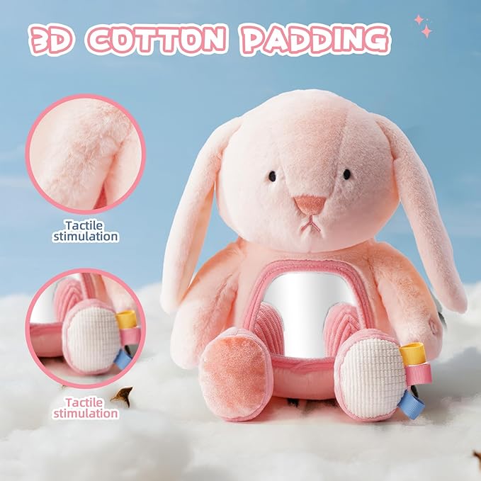 Koty Musical Tummy Time Toy,Baby Mirror Toy 3 Years Old, Infant Sensory Toy with Crinkle Sounds, Textures, Mirror & Melody Music Box for Tummy Time and Self-Discovery (Pink Rabbit)