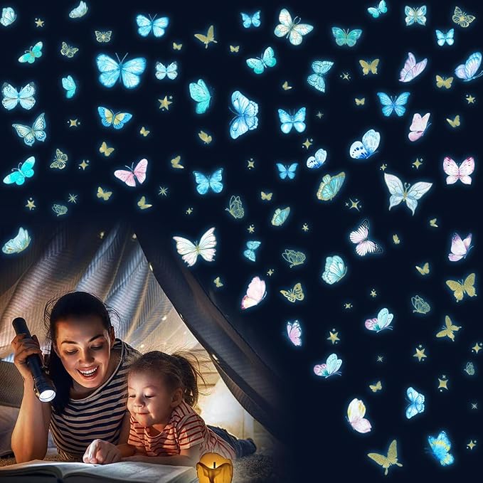 Glow in The Dark Wall Decals - Luminous Butterfly Stickers, Colorful Removable Self-Adhesive Decals for Girls Bedroom, Kids Baby Nursery, Living Room Decoration