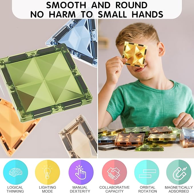 Deluxe Quality Magnetic Tiles Building Set with Attractive Reflective Pattern, LED Lights, Marble Run, and Cars - STEM Educational Toy for Creative Kids Girls Boys 3+ (110 pcs Castle)