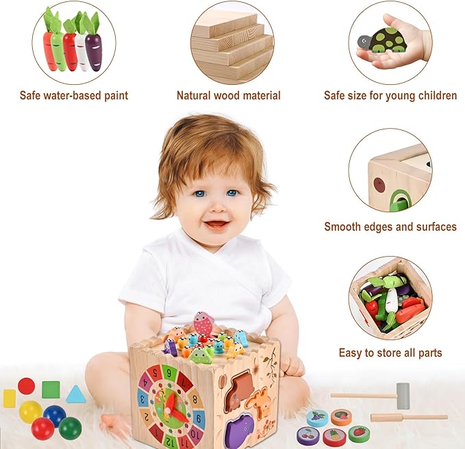 Wooderma Activity Cube, 10-in-1 Wooden Montessori Toys for Toddlers,Multipurpose Educational Sensory Toy for Baby, Preschool Learning Fine Motor Skills Game, First Birthday Gifts for 3 4 5 Year Old