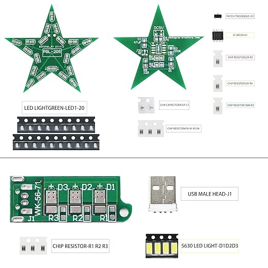 5in1 DIY Soldering practice Kit! Includes Small USA Flag, Star LED, USB Night Light, 15Way Flow & Drip Lights. SMD/SMT projects, ideal for beginners.This exercise kit can unleash your creativity