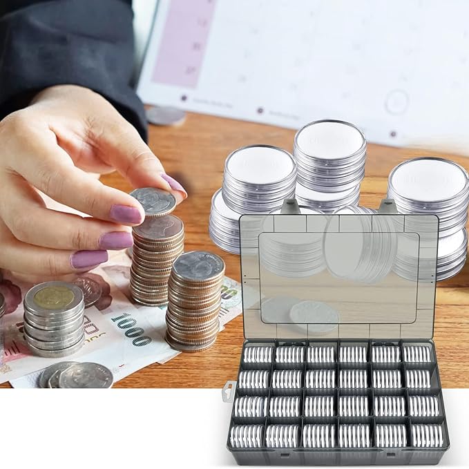 FULLCASE Coin Capsules 46mm with Foam Gasket and Plastic Storage Organizer Box, 6 Sizes (20/25/27/30/38/46 mm) Coins Collector Case Holder for Collection Supplies-168 Pieces(Light Grey)