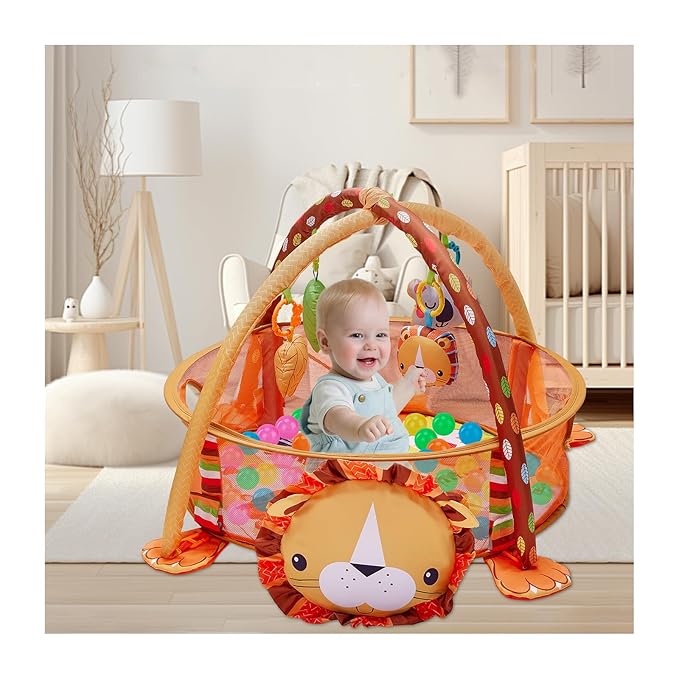 5-in-1 Baby Play Mat,Tummy Time Mat Baby Gym with 30 Balls & 4 Toys,Play Mat for Babies 0-6 Months Baby Play Gym Funny Animal,Lion