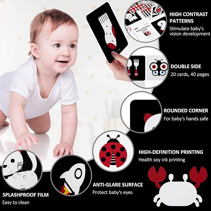 beiens High Contrast Baby Flashcards, Newborn Brain Development Toys, Visual Stimulation Learning Activity Cards, 20 PCs 40 Pages Educational Infants Gift (3-6 Months (Black & White & Color))