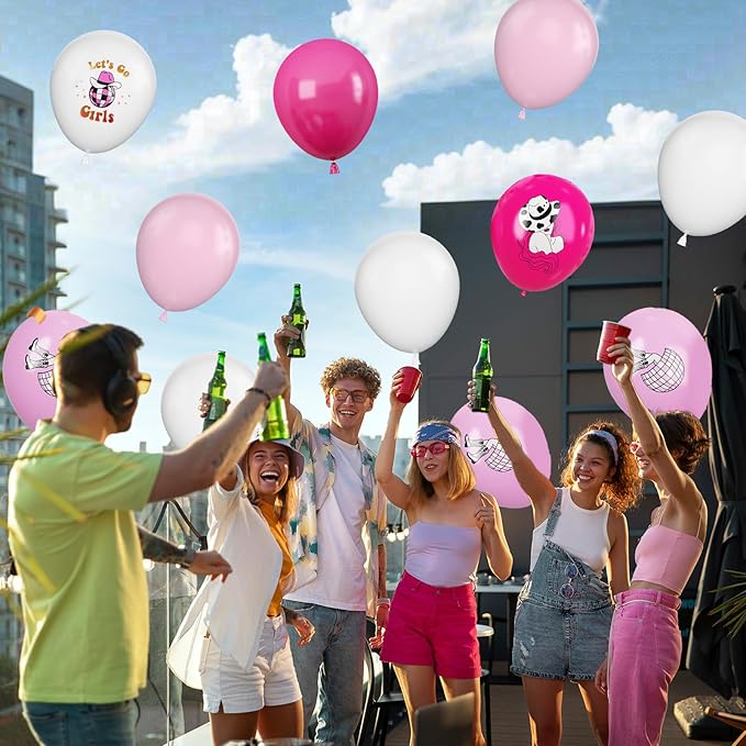 FEYG Cowgirl Balloons, 12 Inch Western Cowgirl Party Decorations Hot Pink Pastel Pink White Cow Party Balloons Cowgirl Print Balloons for Baby Shower Birthday Cowgirl Theme Party Supplies