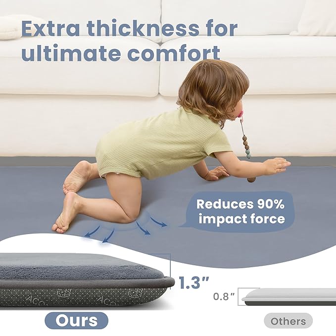 ACOMOPACK 1.3" Thick Baby Play Mat for Floor 59x71-Large Water-Repellent&Non-Slip Memory Foam Mat for Kids,Toddlers,Soft Velvet Nursery Rug for Tummy Time&Crawling,Yoga,Tatami Style(Grey)
