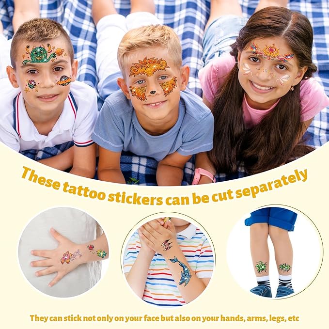 Partywind Glitter Temporary Face Tattoos for Kids, 24 Styles Face Stickers for Face Painting, Waterproof Fake Tattoo Stickers for Kids Makeup, Birthday Party Favors Supplies Goodie Bag Stuffers