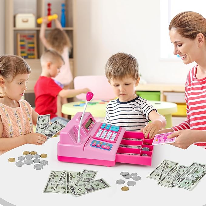 BAODLON Calculator Cash Register - 103 Pcs Pink Toy Cash Register, Microphone, Credit Card and Banking for Kids, Early Math Skills Toys Gifts for 3, 4, 5, 6 7 8+ Years Old Boys Girls