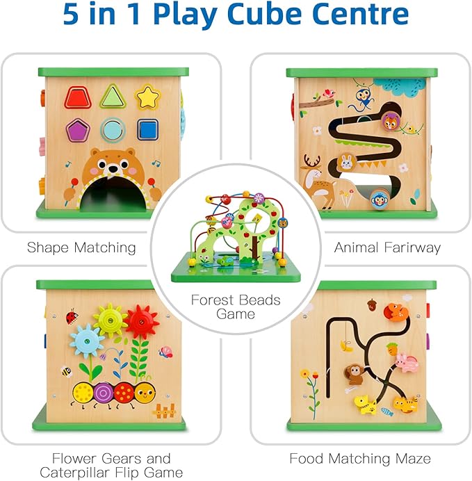 TOOKYLAND 5 in 1 Activity Center, Wooden Large Activity Play Cube 23"X13"X13", Wooden Learning Puzzle Toy for Toddlers, with Animal Friends, Shapes, Mazes, Shape Sorter