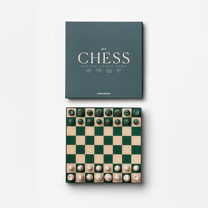 Printworks Classic Chess – Green Wooden Chess Set with Acrylic Board – Stylish Coffee Table Game for Adults & Kids Ages 5+ – Multilingual Instructions Included