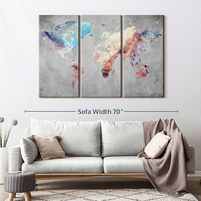 ElephantStock Artistic Touch World Map Multi Piece Canvas - 3 Panel Wall Decor - Map of the World Art - Canvas for the Office and Home - 57" X 36"