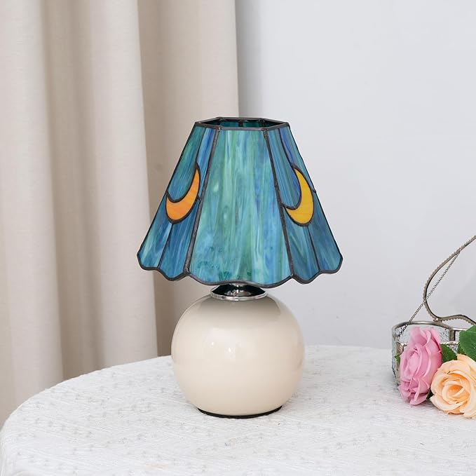 Mushroom Lamp-Small Bedside Table Lamp Tiffany Stained Glass, Nightstand Lamps for Bedroom, Living Room, Cafe, Bulb Included, Unique Aesthetic Home Decor(Sea Blue)